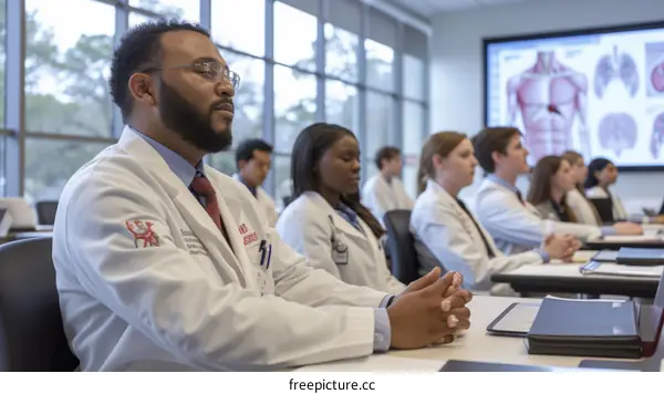 Medical students attentively listening to a lecture in a classroom