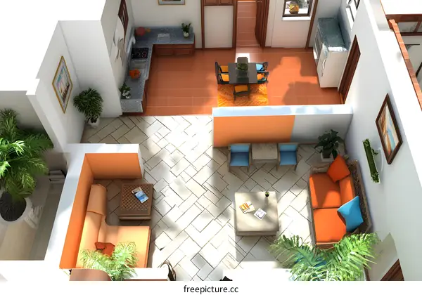 Modern Home Interior Design with Orange and Blue Accents