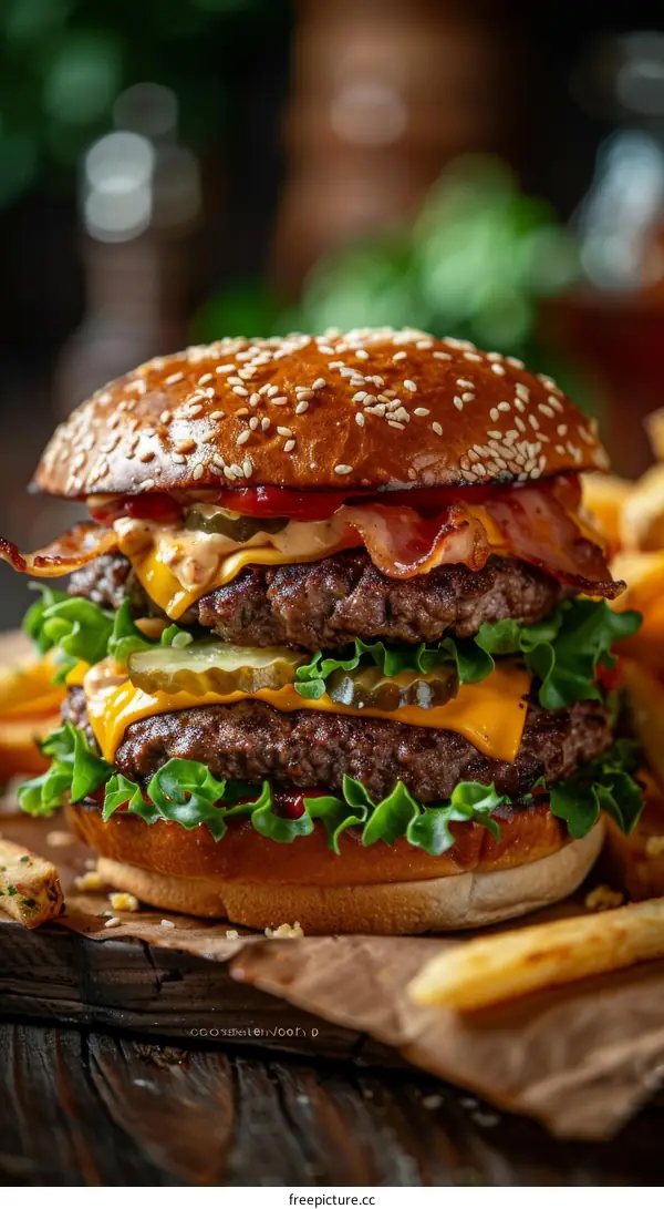 A delicious double cheeseburger with bacon and pickles