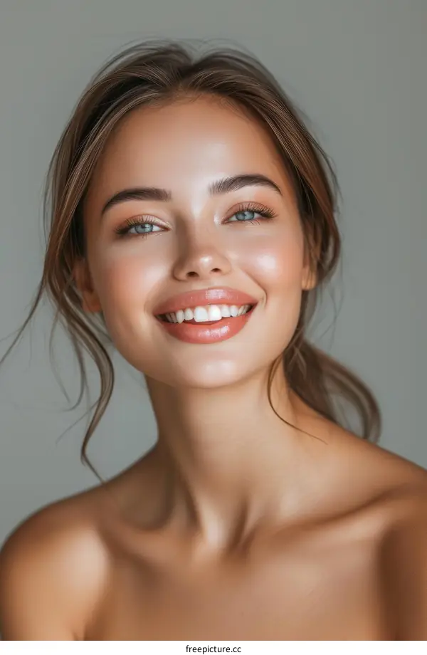 Close up portrait of beautiful smiling young woman with perfect skin
