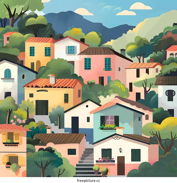 Colorful Houses on a Hillside in a Small Town
