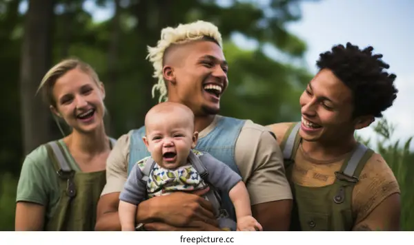 A happy family of four in casual clothes is standing in a field of tall grass. The baby is laughing and the adults are smiling.
