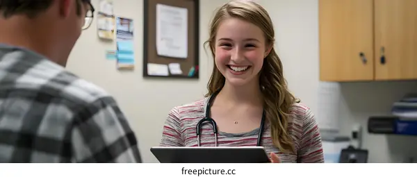 Smiling Female Doctor Talking to Patient in Office
