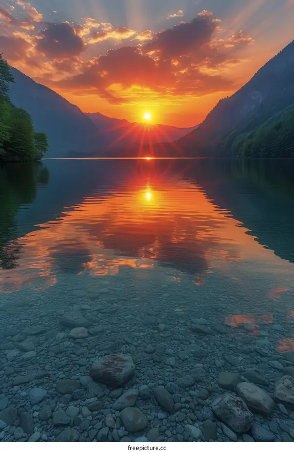 Stunning sunset over a calm lake with crystal clear water and a rocky bottom