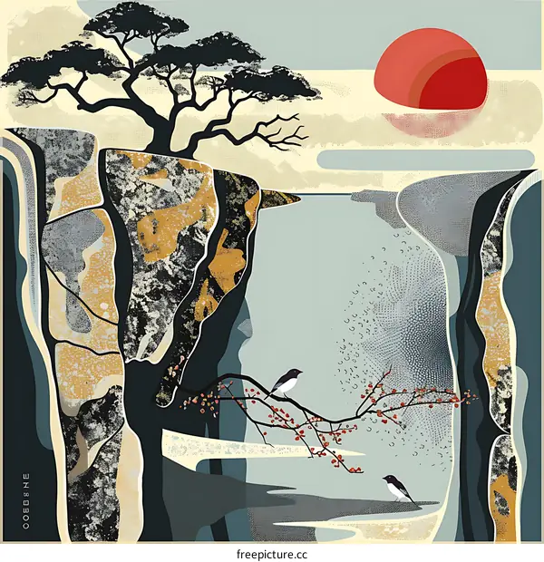 Abstract Landscape with Birds and a Sunset