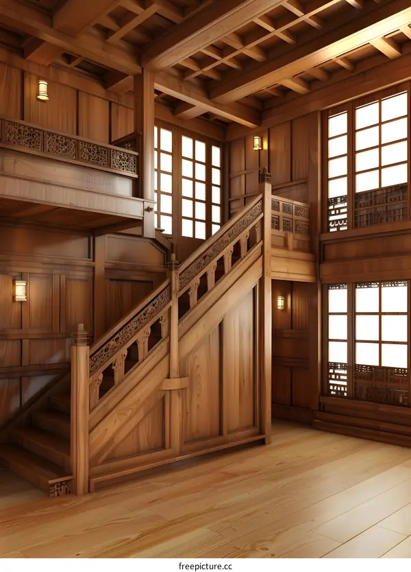 Interior Design of a Wooden Staircase with Carved Railing and Windows