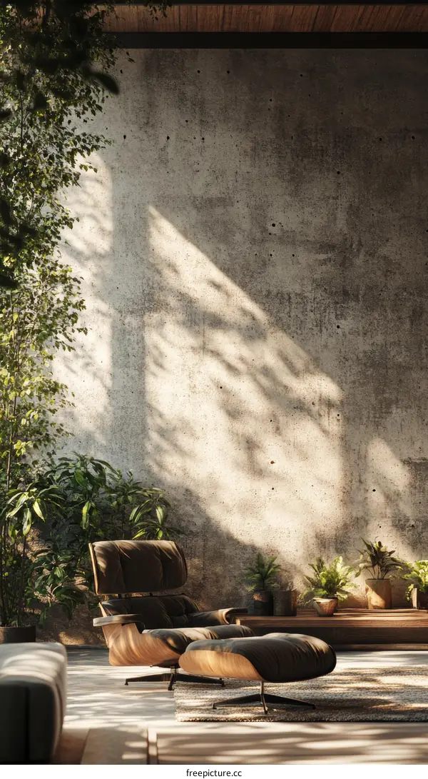 Modern Living Room with Concrete Wall and Plants