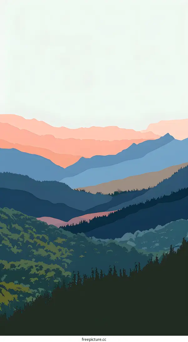 Abstract Mountain Landscape Illustration With Pink, Blue, Green Colors