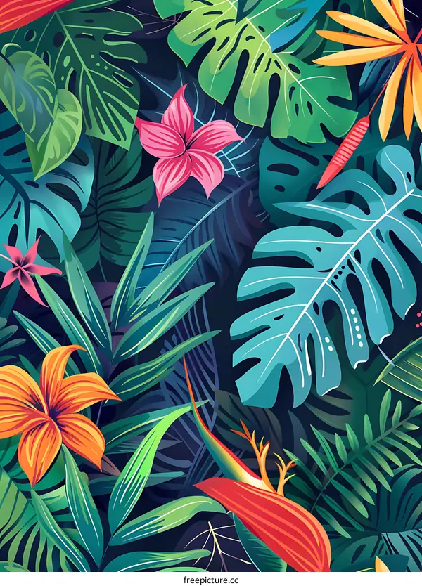Tropical Leaves and Flowers Seamless Pattern