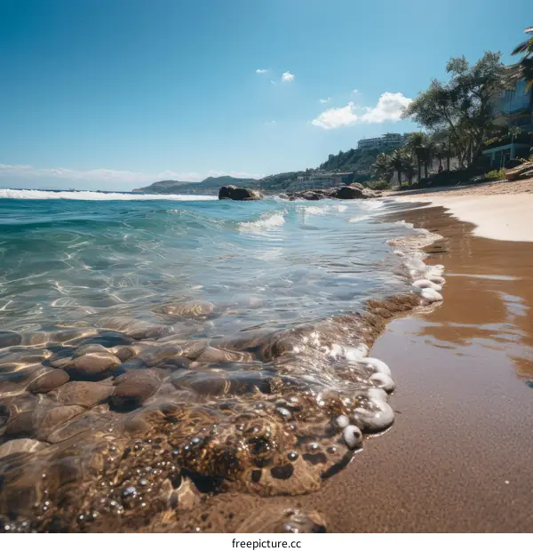 Pebbles and Sand on Beach with Sea Waves in Background
