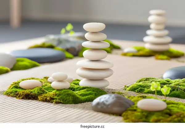 Zen Garden with Stacked Stones and Green Moss