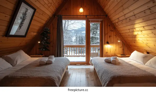 Cozy Wooden Cabin Bedroom with Snowy Mountain View