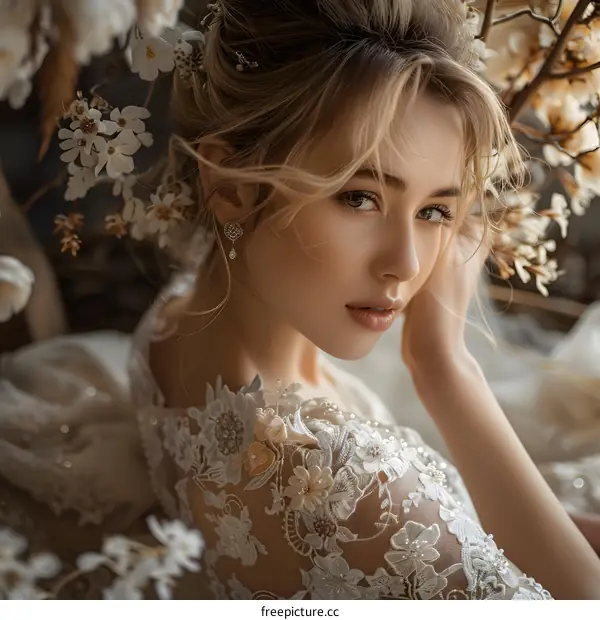 A blonde woman in a white lace dress is posing in a tree