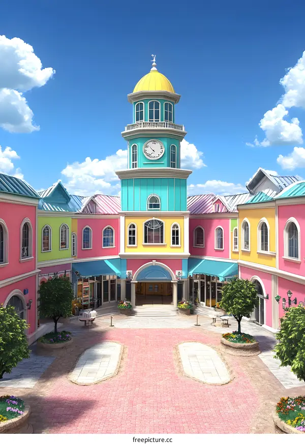 Colorful Town Square with Clock Tower