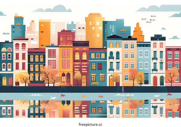 Colorful Cityscape Illustration With River And Buildings