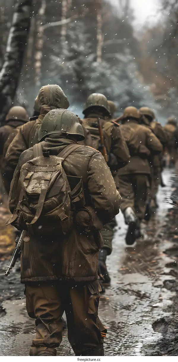 A group of soldiers walking through a snowy forest