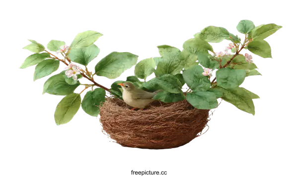 [Transparent Background PNG]Spring Bird Nest with Flowers and Leaves