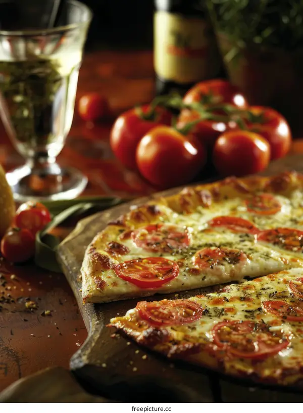 Close-up of a delicious pizza with fresh tomatoes, basil, and mozzarella cheese