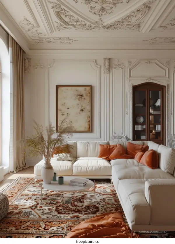 Elegant Living Room Interior Design With White Sofa And Beige Walls