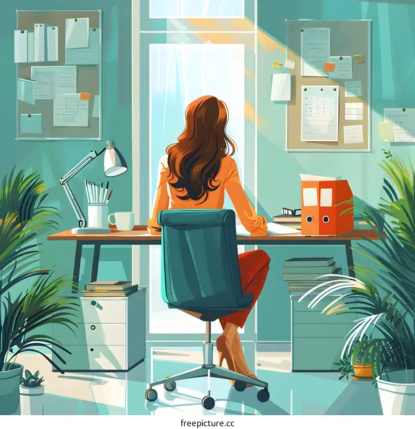 A woman is sitting at a desk in an office looking out the window.