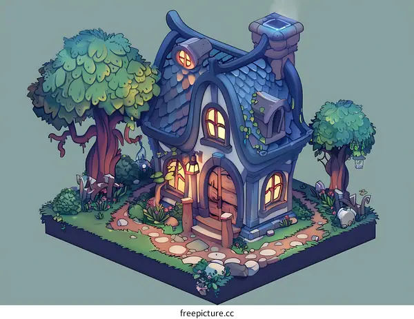 Fantasy Cottage Illustration With Night Sky Background