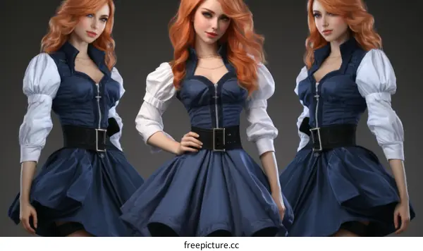 Three redheaded women in blue dresses