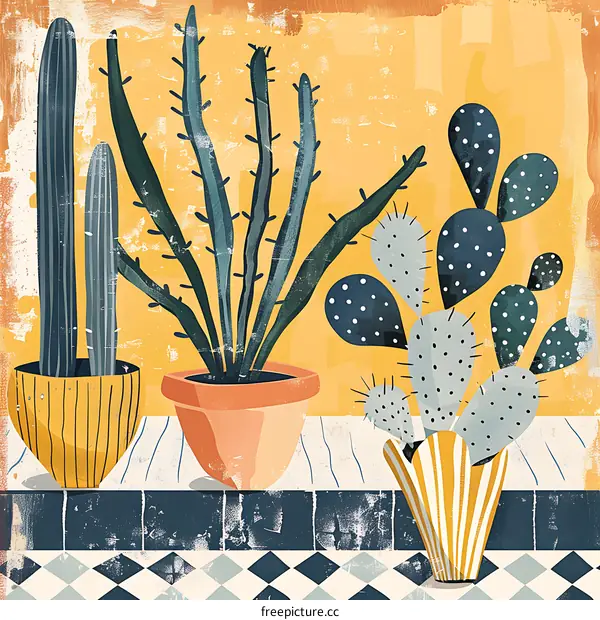 Three Potted Cacti Illustration