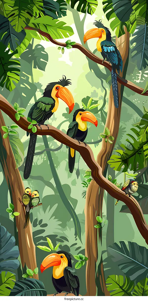 Tropical Rainforest Birds Toucans Illustration