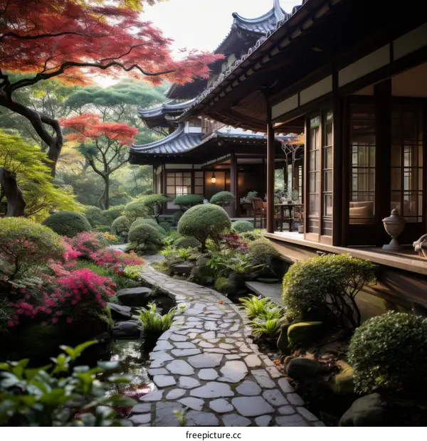 A beautiful Japanese garden with a traditional house