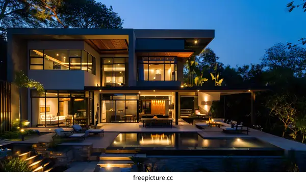 Modern House with Infinity Pool and Night Lighting