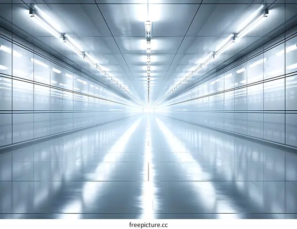 Bright White Corridor With Fluorescent Lights And Reflective Floor