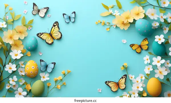 Spring Easter Floral Decor Background with Butterflies and Eggs