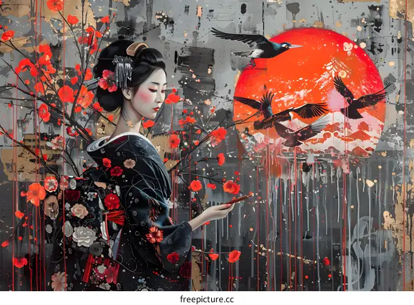 A woman in a kimono is holding a teacup in front of a red sun.