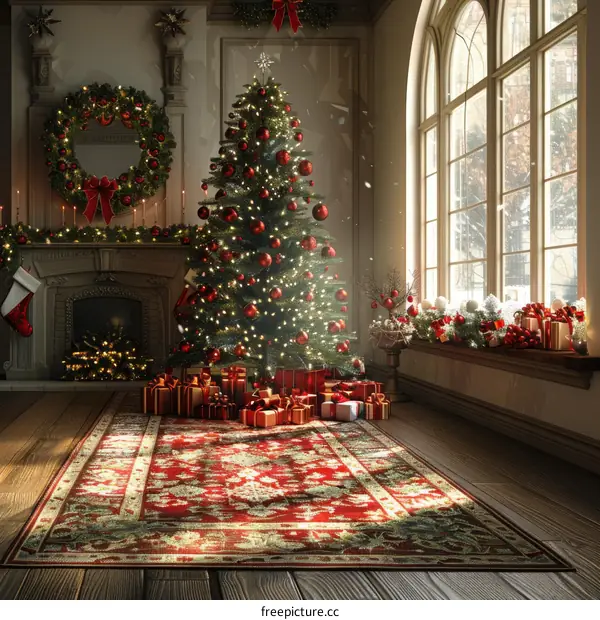 Christmas Living Room with Decorated Tree and Presents