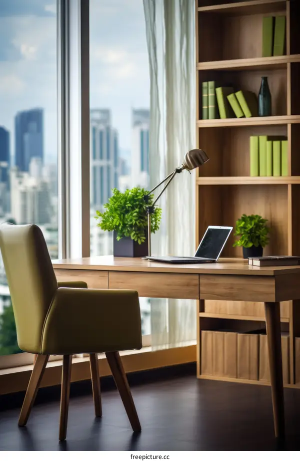 Modern home office with large windows and a view of the city