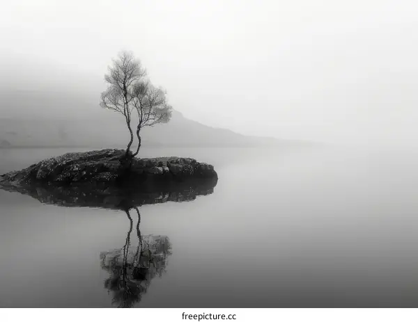 Two Trees Emerging from Mist on a Still Lake