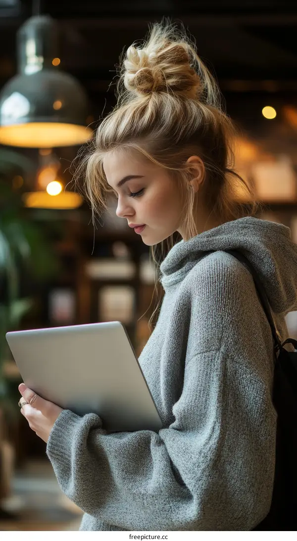 Young Woman with Laptop in Cafe