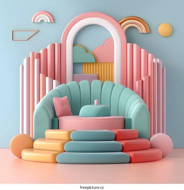 Abstract Colorful 3D Background with Sofa and Rainbow Arch