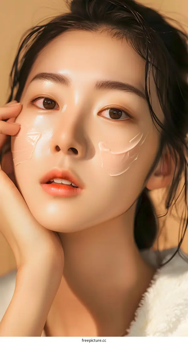 Closeup Portrait of Beautiful Asian Woman with Cream on Face