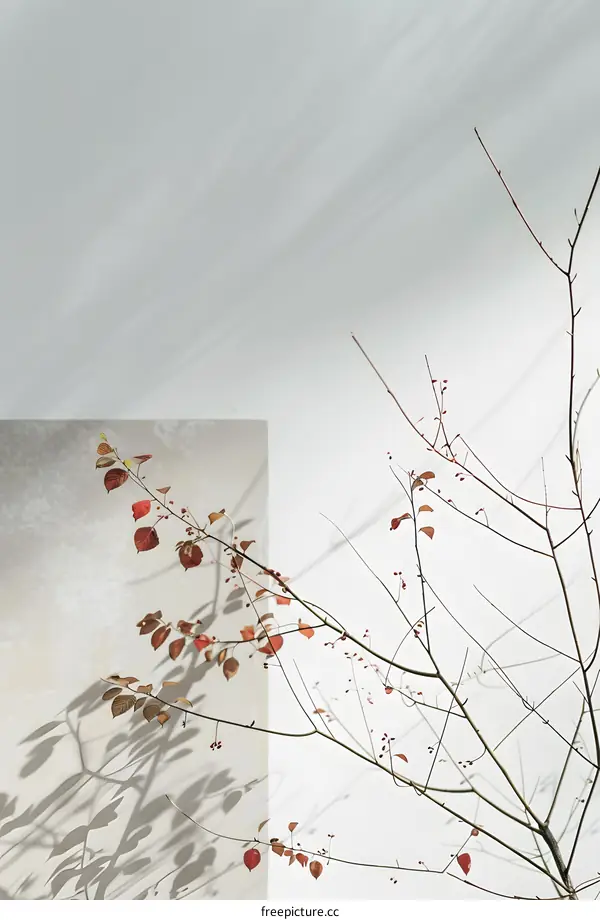 Minimalist Branch With Red Leaves Against White Wall