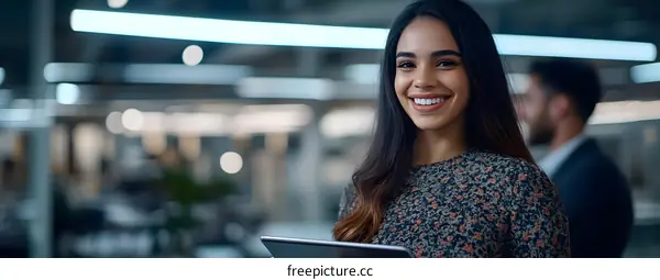 Smiling Businesswoman Holding Tablet in Office
