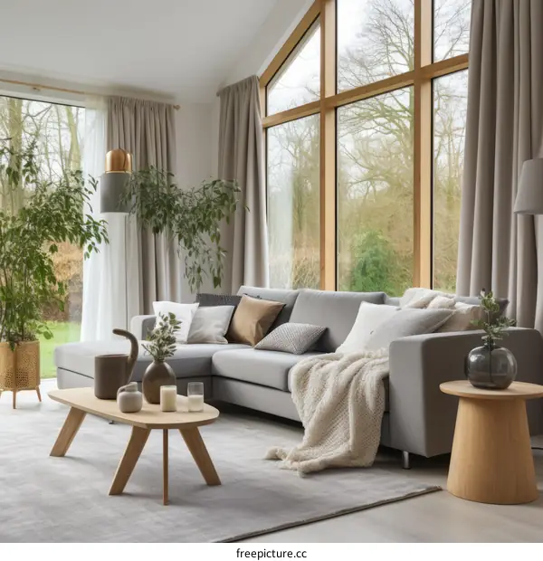Airy and bright living room with large windows and a gray sofa