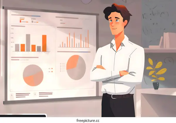 Businessman Standing Confidently with Data Charts