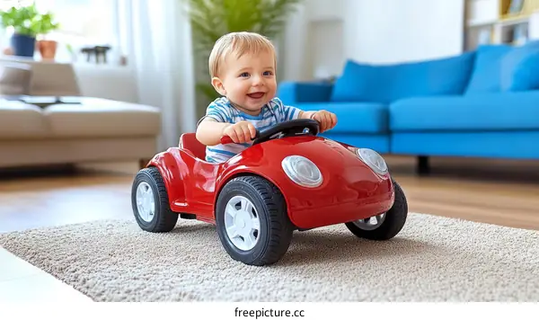 Baby Driving Toy Car in Home Interior