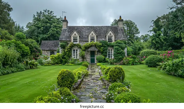 Charming Stone Cottage with Green Door and Flower Garden