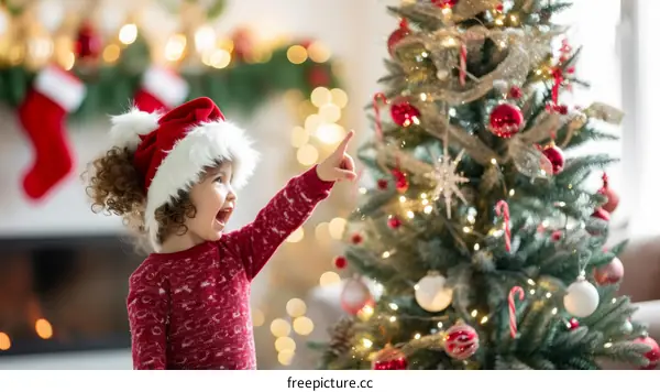 Little Girl Pointing at Christmas Tree