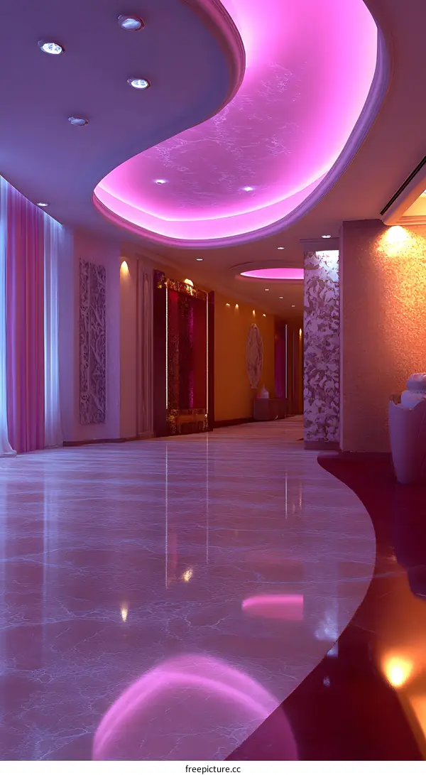 Modern Interior Design with Curved Ceiling and Pink Lighting