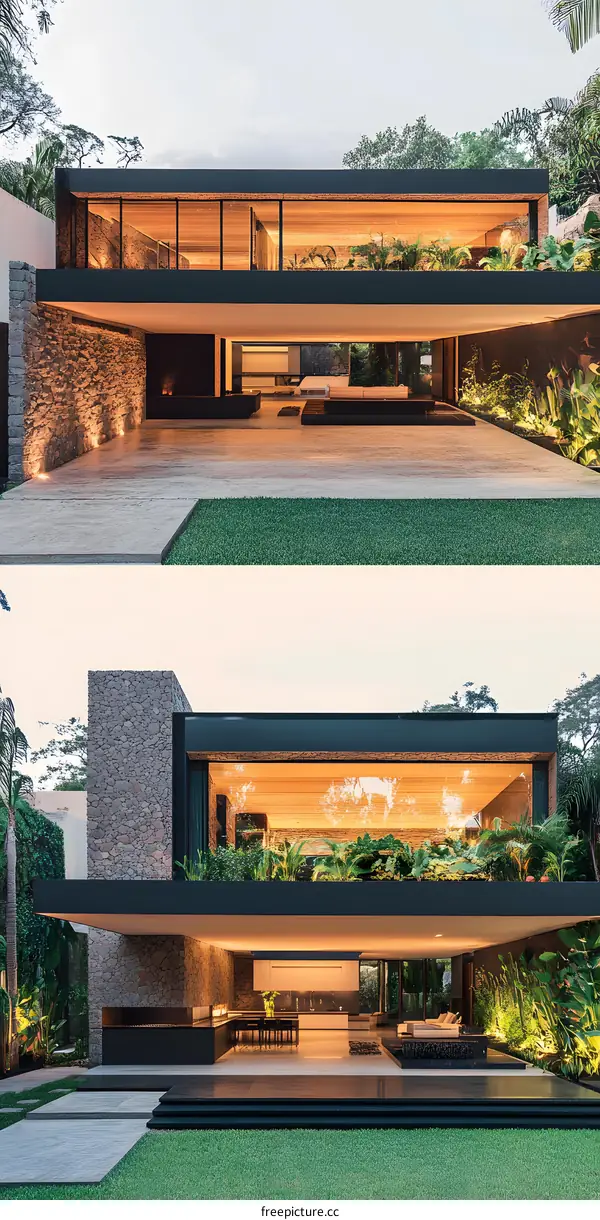 Modern House with Stone Facade and Green Plants