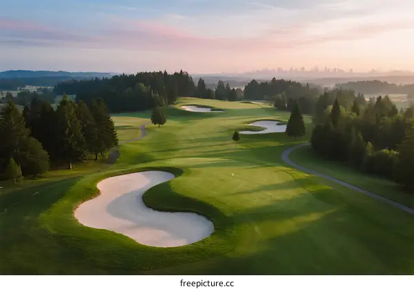 A beautiful golf course with sand traps and green grass under a serene sky