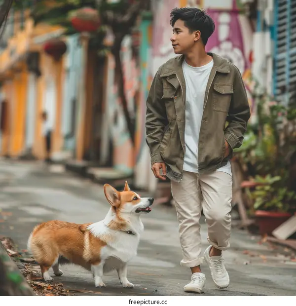 A young man is walking his corgi dog on the street